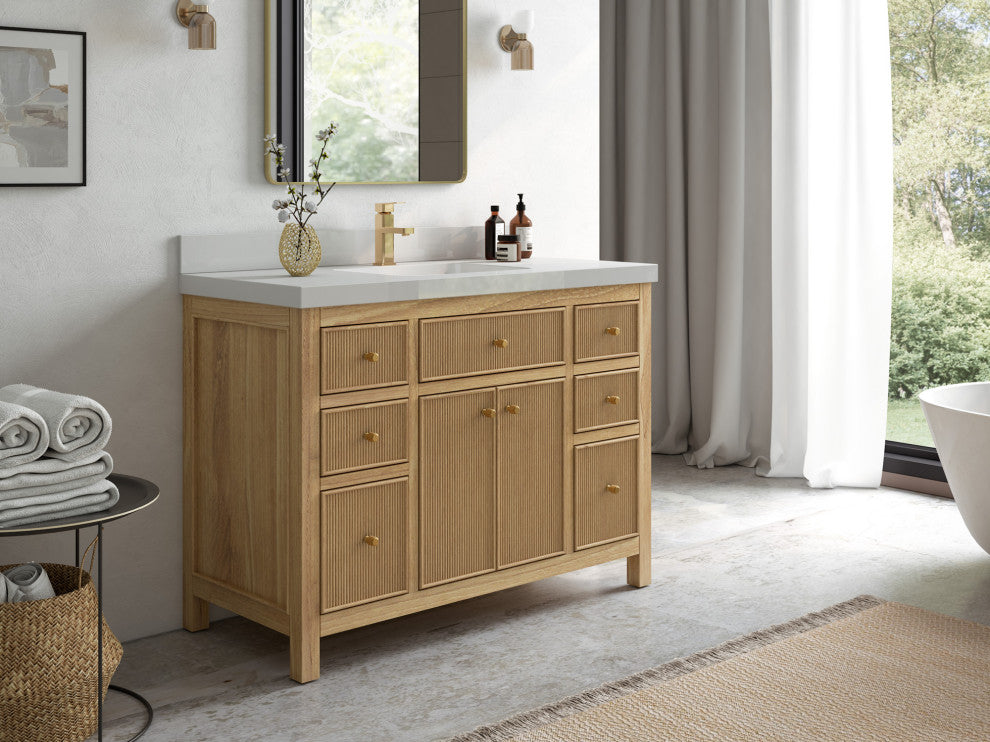 Sonoma 48 Single Sink Bath Vanity in Light Natural Teak with 2" Calacatta Nuvo