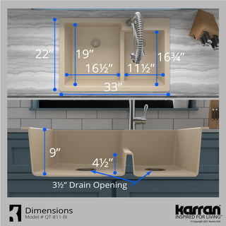 Karran 33" Top Mount Double Bowl 60/40 Quartz Kitchen Sink Kit, Bisque
