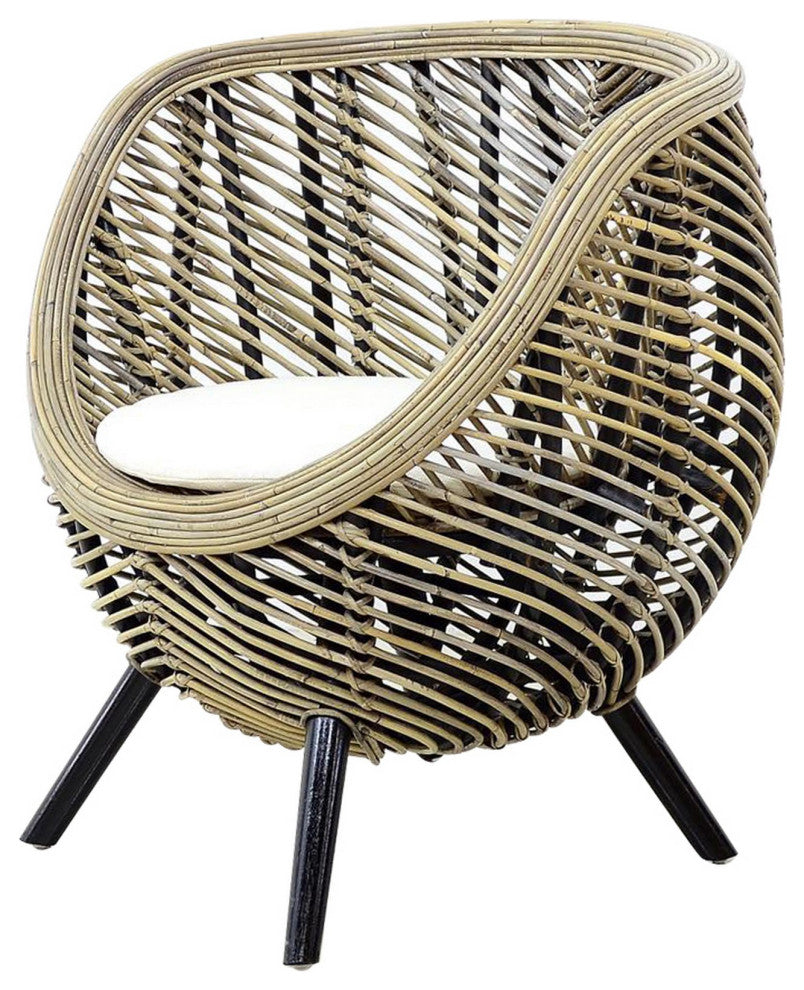 Benzara BM285199 27" Accent Chair, Rattan Frame, Curved Round, Brown, Black