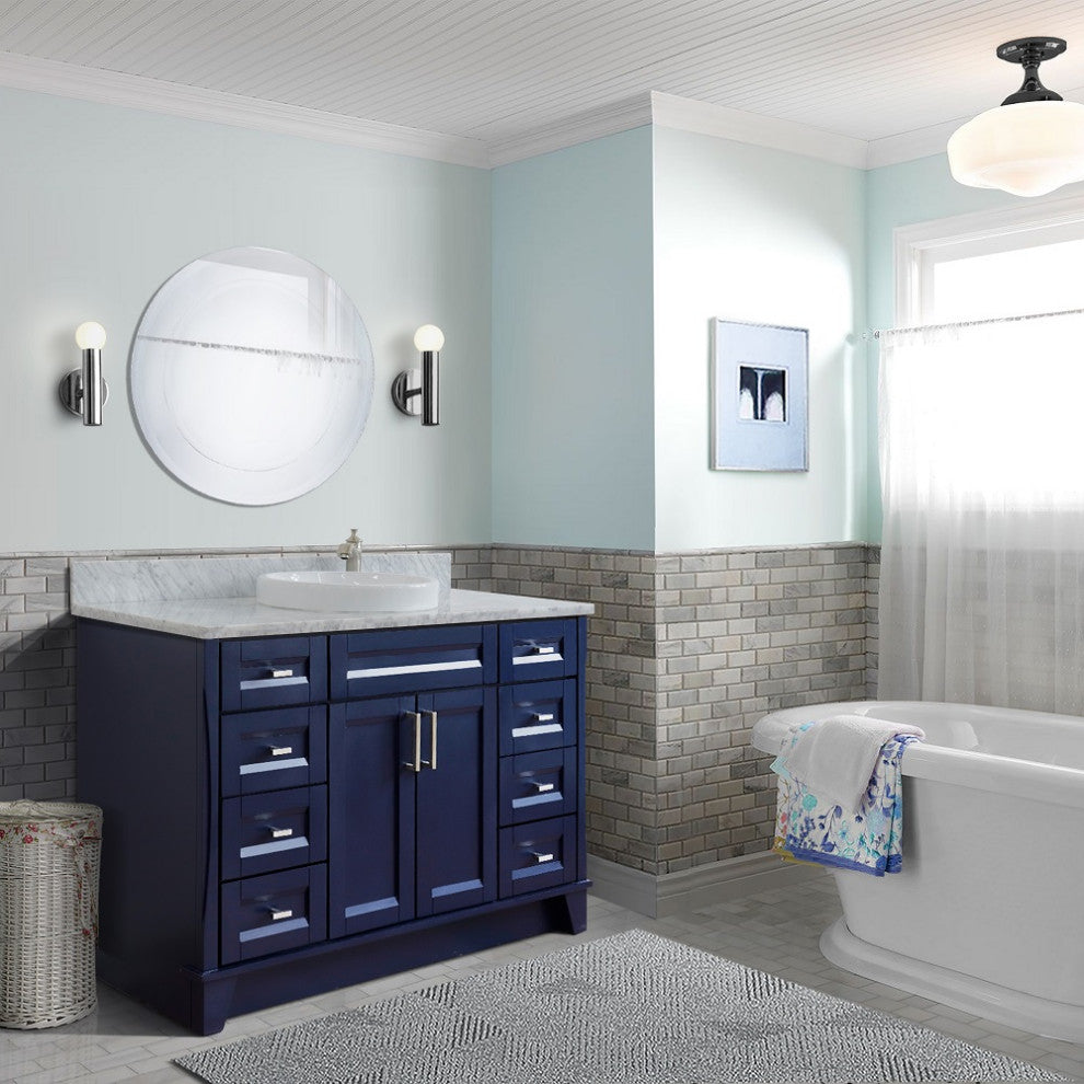49" Single Sink Vanity, Blue Finish With White Carrara Marble And Round Sink