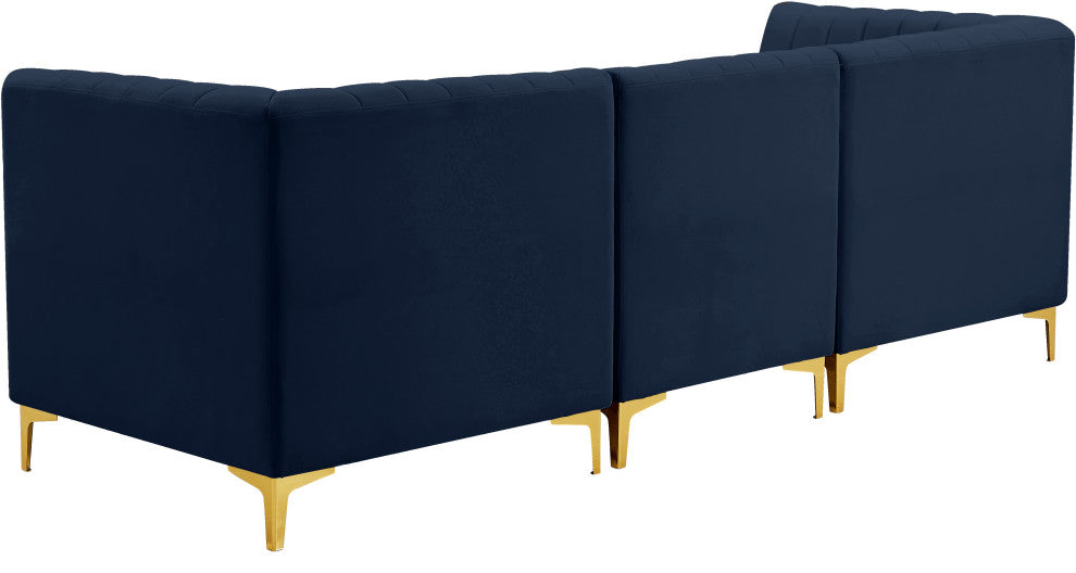 Alina Velvet Upholstered 3-Piece Modular Sofa, Navy