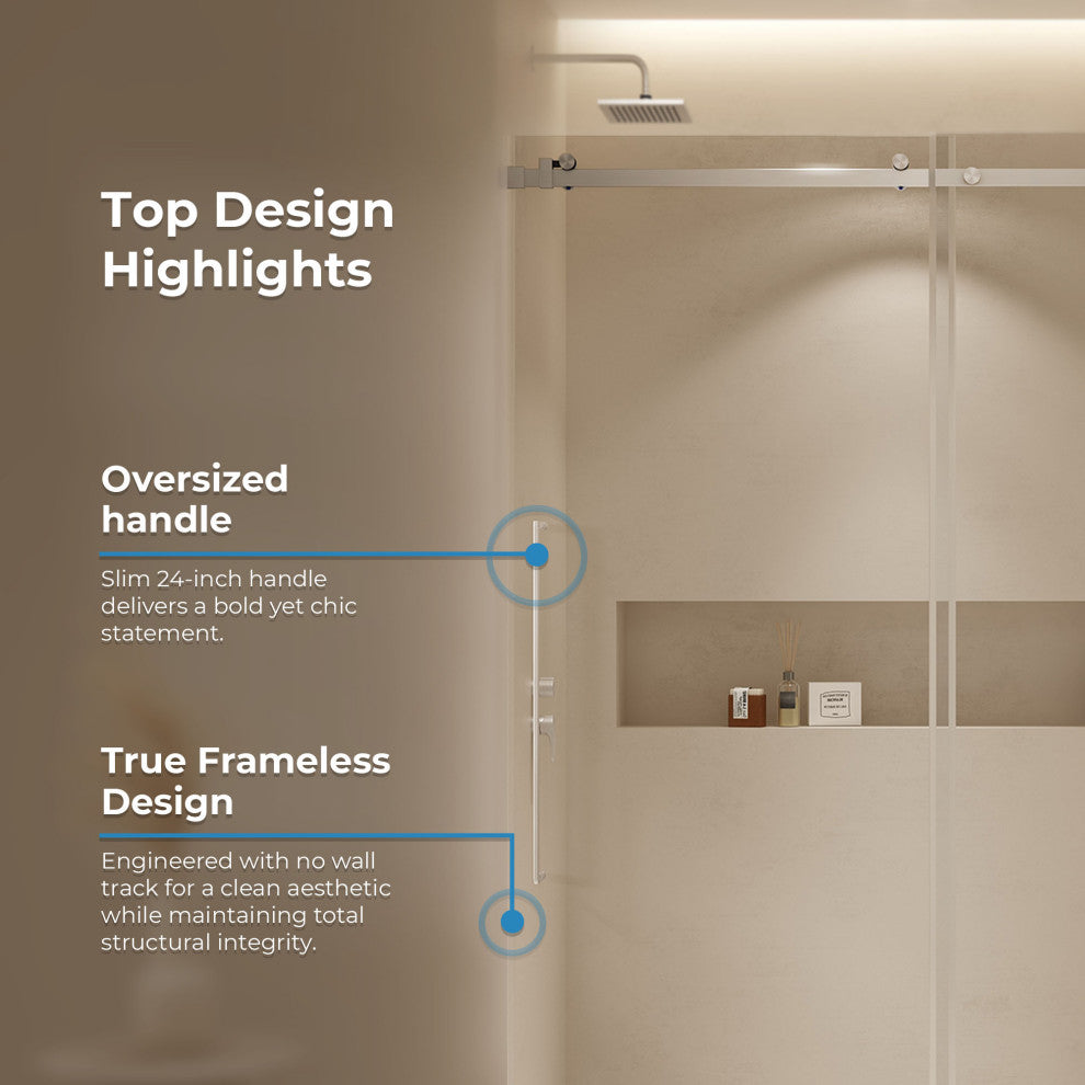 Selby Frameless Sliding Clear Alcove Shower Door, Satin Nickel, 60"