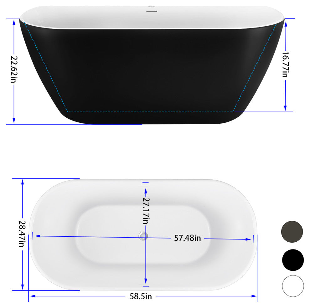 59" Chrome glossy Acrylic Oval Freestanding Non-Whirlpool Soaking Bathtub