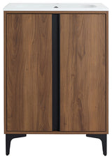 Single Vanity, Brown Walnut Finish With Solid Surface Resin White Sink, 24"