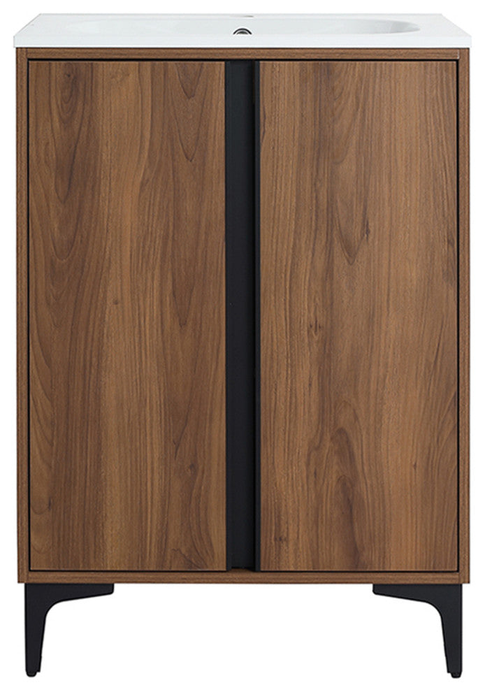 Single Vanity, Brown Walnut Finish With Solid Surface Resin White Sink, 24"