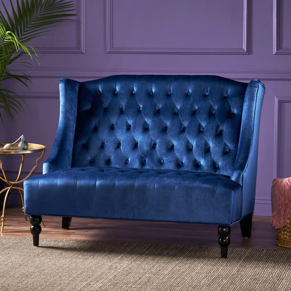 GDF Studio Leona Traditional High Back Tufted Winged Fabric Loveseat, Navy Blue