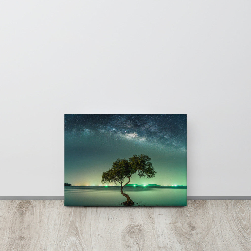 Glowing Milky Way Galaxy with Tree Canvas Wall Art Prints, 12" X 16"