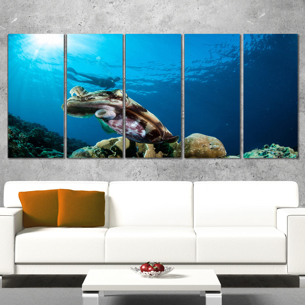 Broadclub Cuttlefish Underwater, Large Seashore Canvas Print, 60"x28", 5 Panels