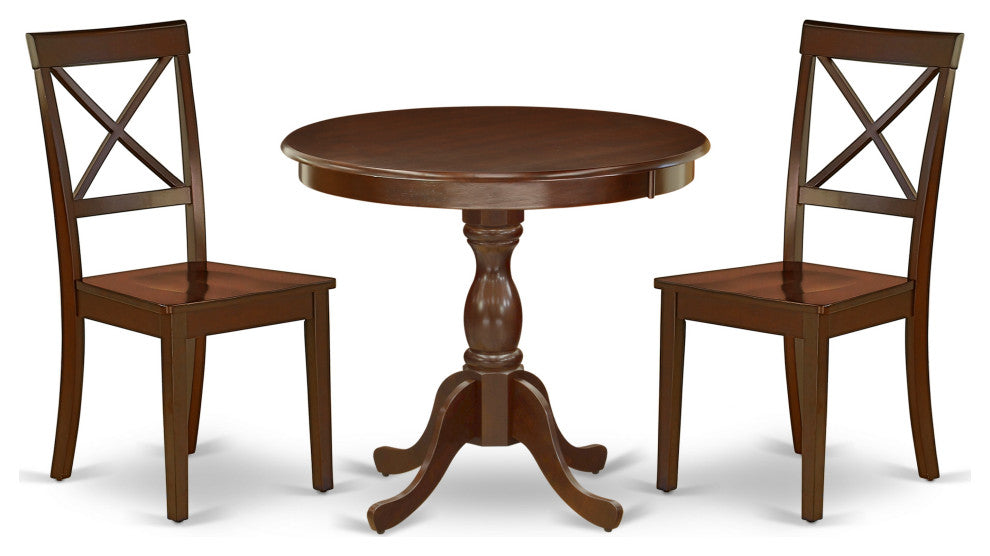 3 Pc Dining Set, 1 Round Pedestal Table, 2 Mahogany Dinning Chairs