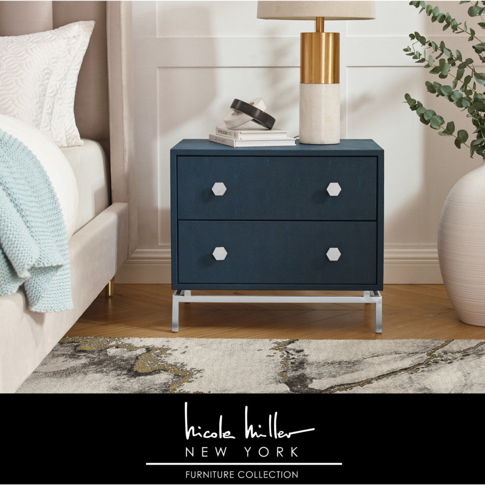 Nicole Miller Aharon Side Table, 2 Drawers, Faux Shagreen, Navy/Chrome