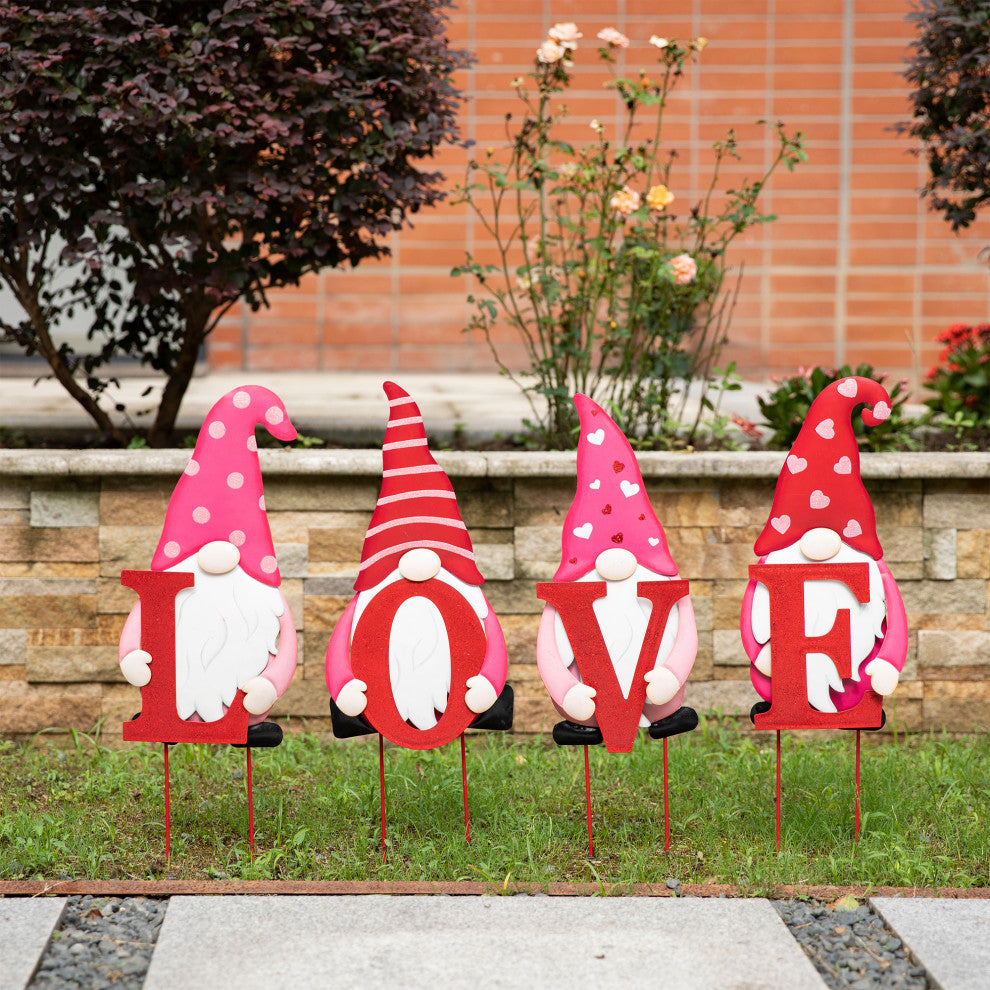 24" Metal Valentine's Love Gnome Yard Stake/Hanging Sign, 4-Piece Set
