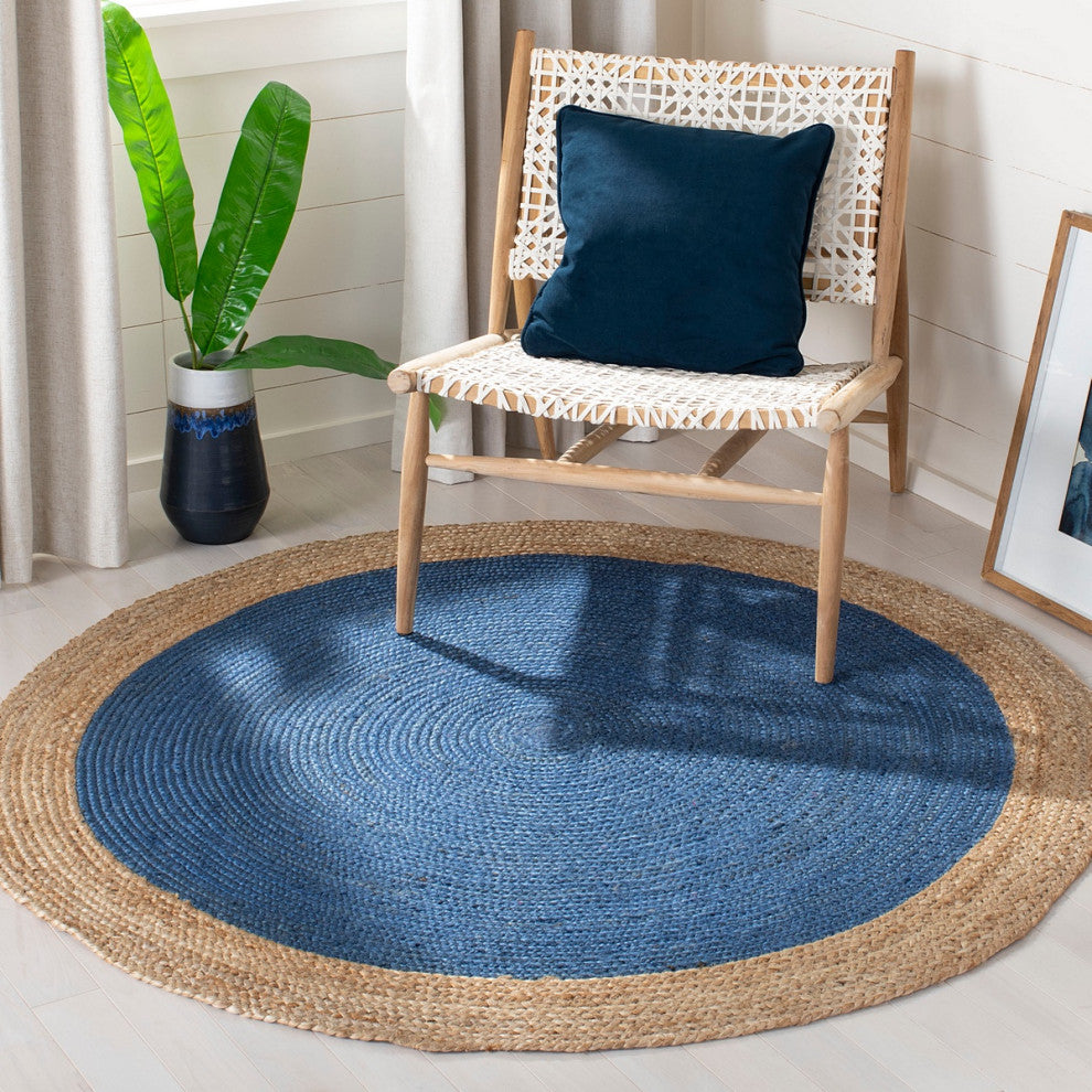 Safavieh Natural Fiber Nf801D Striped Rug, Royal Blue/Natural, 9'0"x9'0" Round