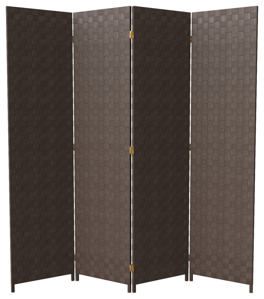 6' Tall Woven Fiber Outdoor All Weather Room Divider, 4 Panel, Dark Brown