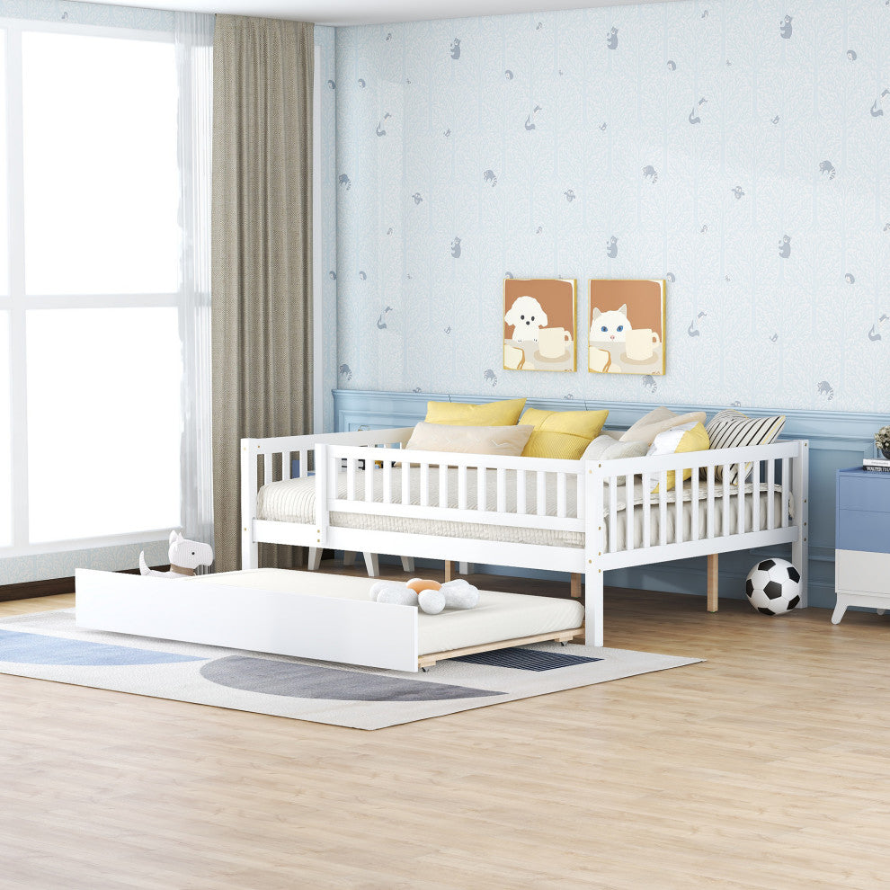Gewnee Wood Full Size Daybed with Trundle and Fence in White