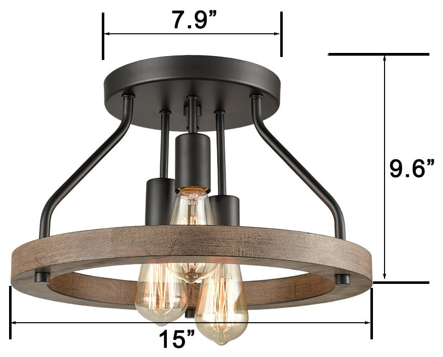 Farmhouse Semi Flush Mount Ceiling Light Wood Grain with 3 Lights