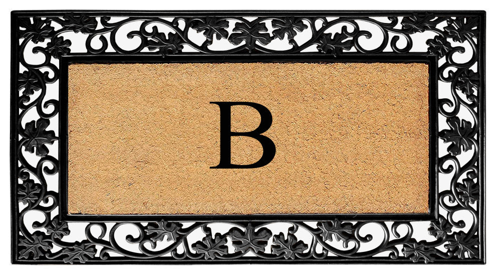 A1HC Floral Border Black 18x30 Rubber and Coir Heavy Duty Monogrammed Doormat, B