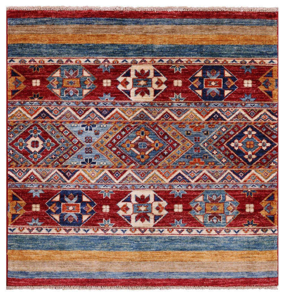 3' Square Super Kazak Khorjin Hand-Knotted Wool Rug Q11052
