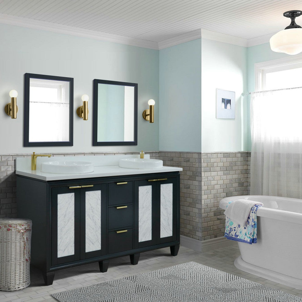61" Double Sink Vanity, Dark Gray Finish With Engineered Stone Top, Round Sink