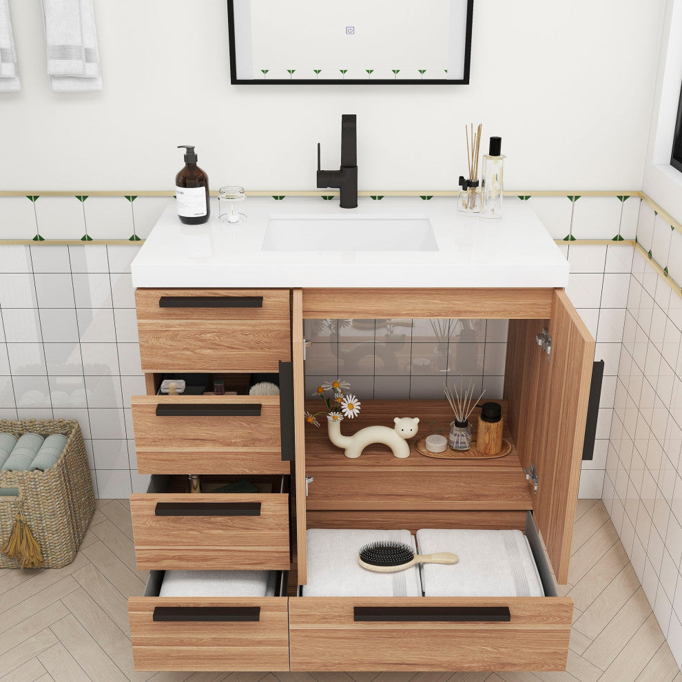Carla 36" Freestanding Bathroom Vanity With Left Side Drawers, White Oak
