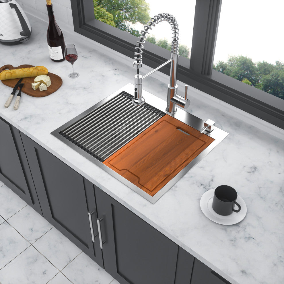 Topmount Workstation Drop In Stainless Steel Single Bowl Kitchen Sink 25"