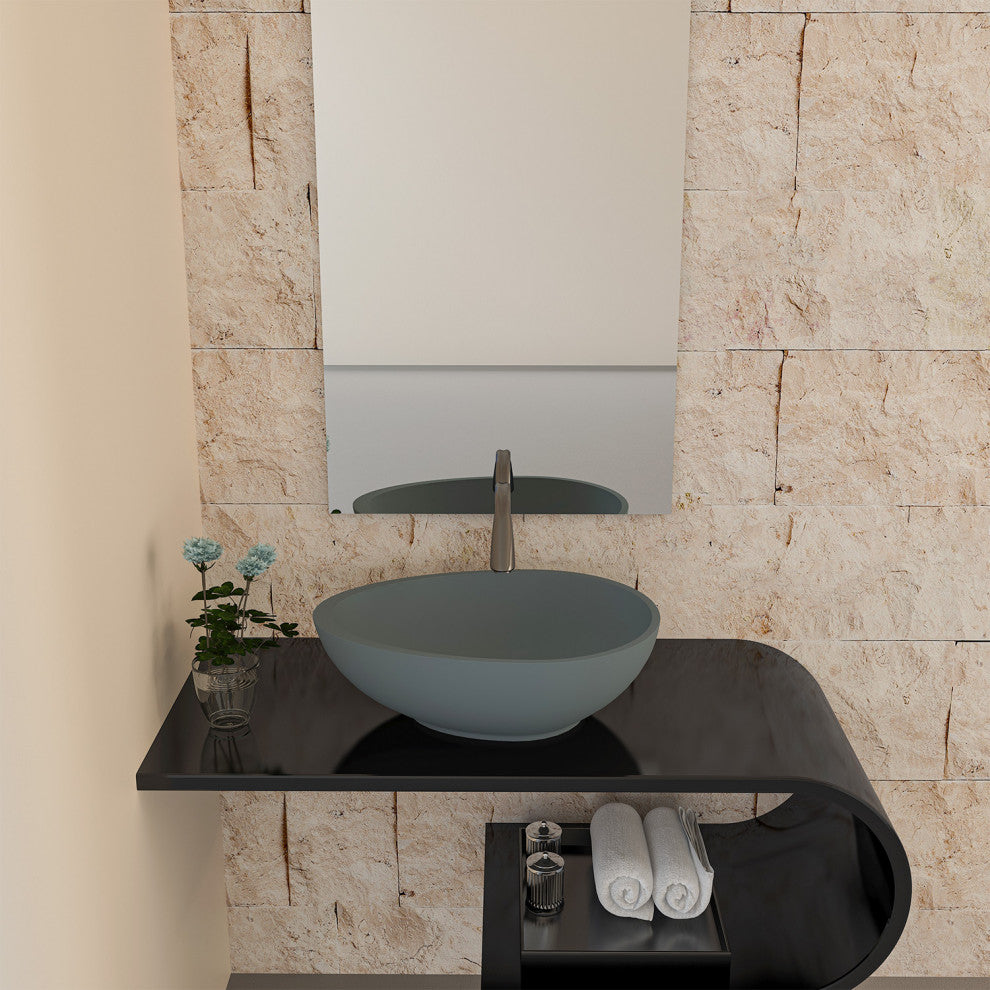 21in Bathroom Egg-shaped Concrete Vessel Sink With Drainer, Blue Ashes