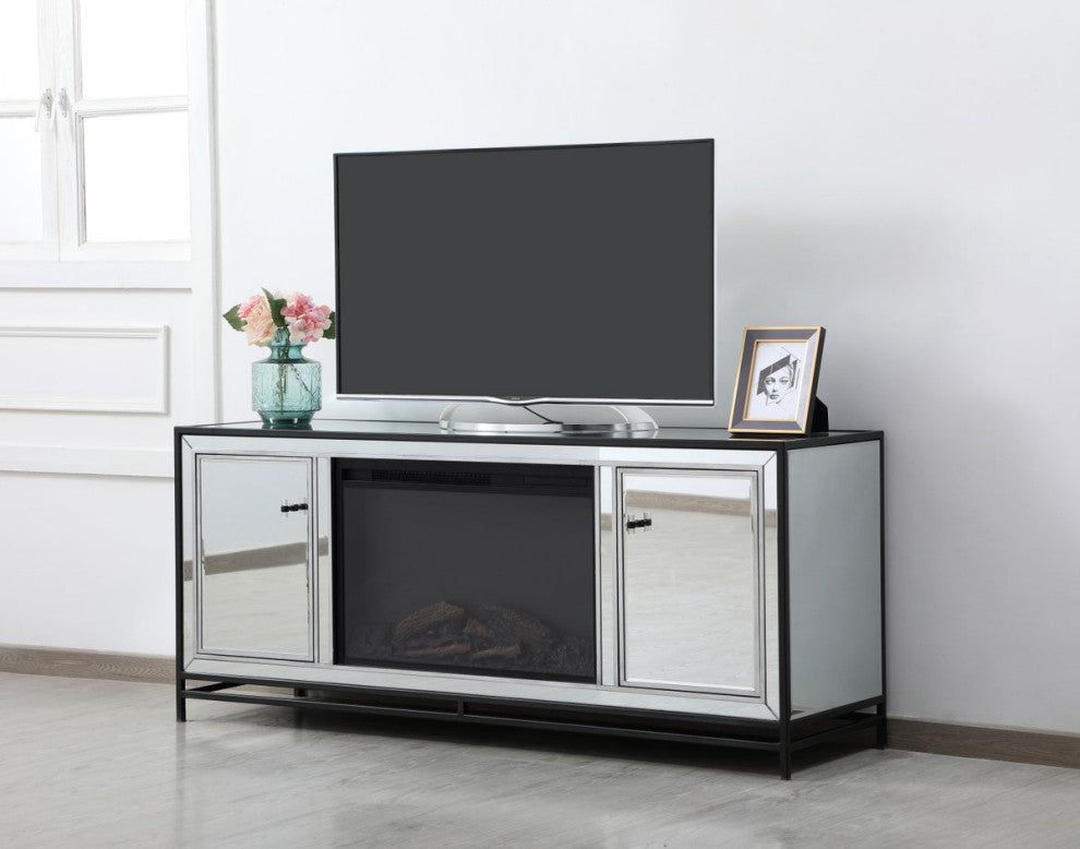 Jesse 60" Mirrored TV Stand With Wood Fireplace, Black