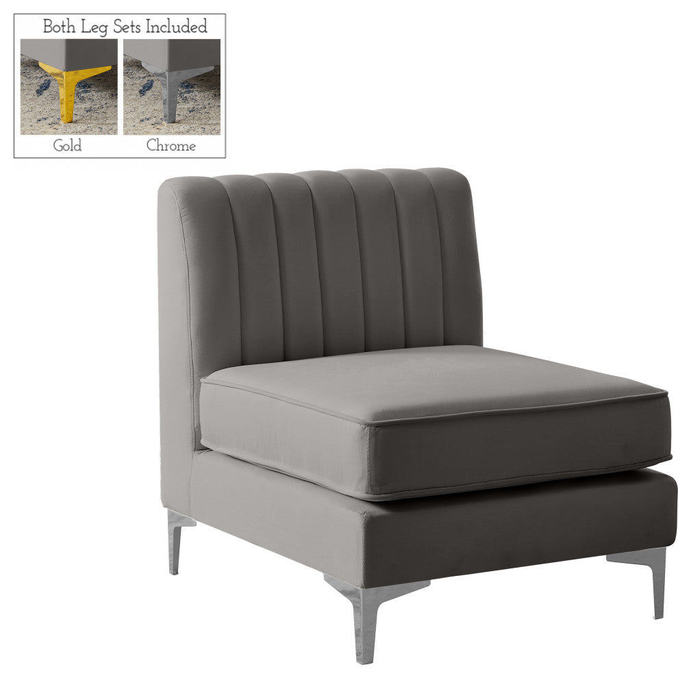 Alina Velvet Upholstered Modular Armless Chair, Grey