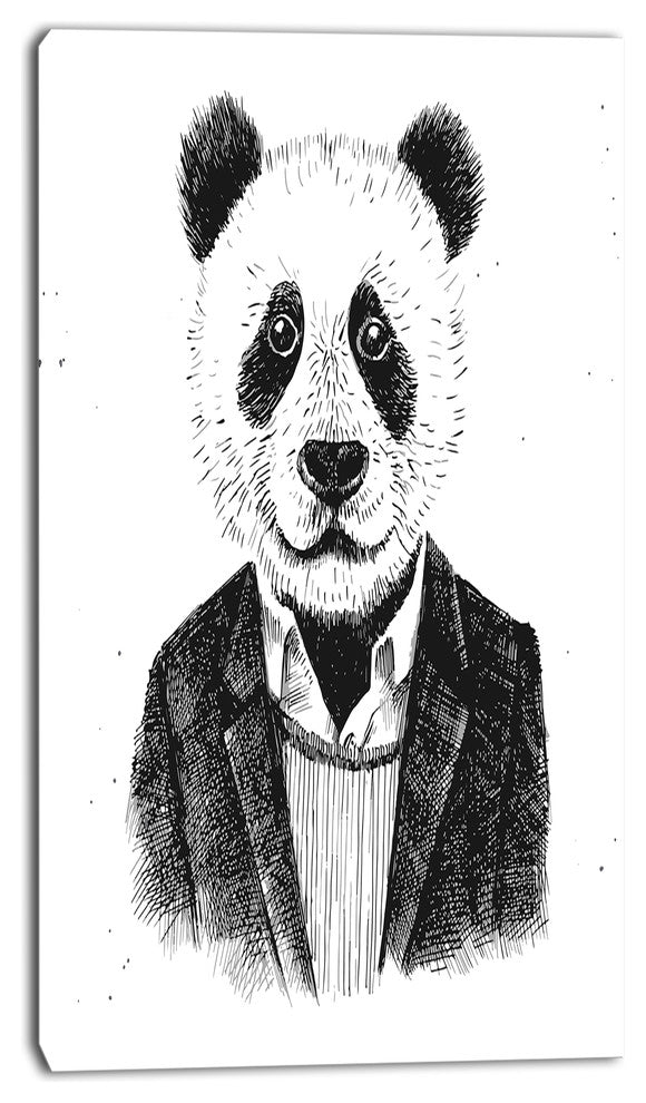Funny Hipster Panda Black White, Animal Canvas Art Print, 16"x32"
