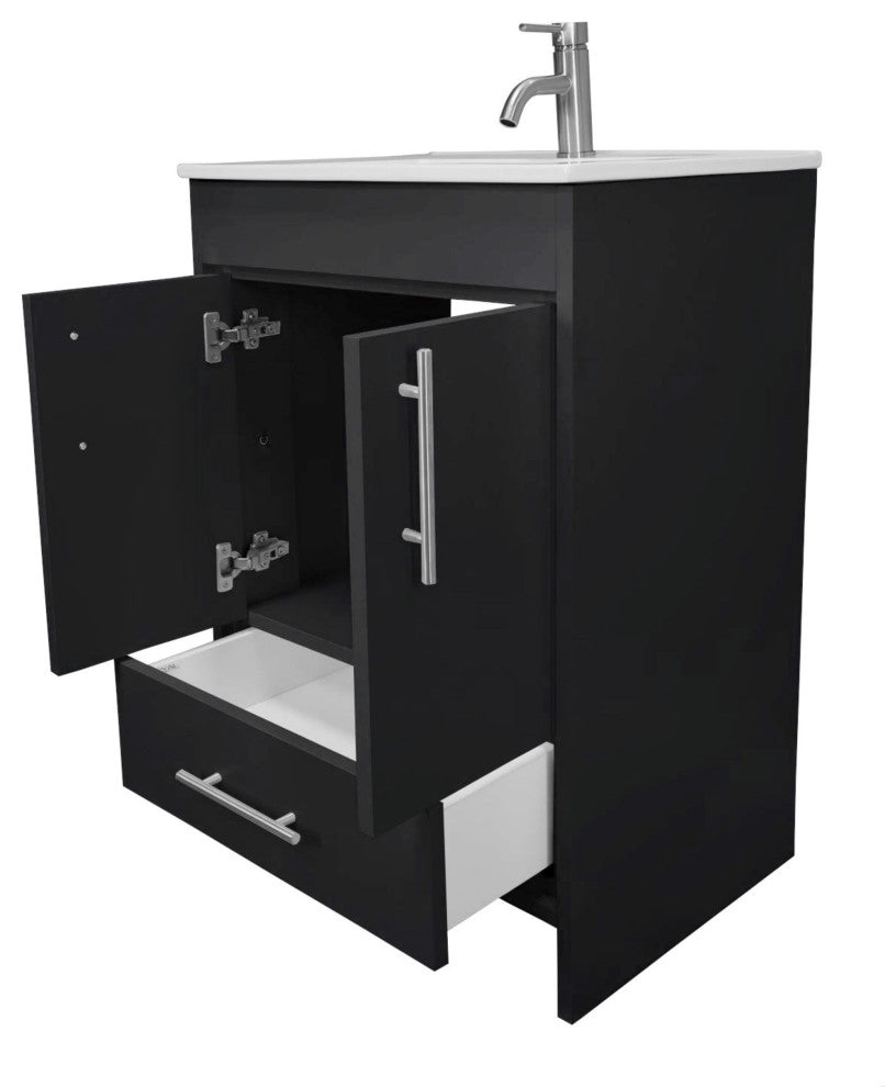 Pacific 24 Bathroom Vanity With Ceramic Top and Brushed Nickel Handles, Black