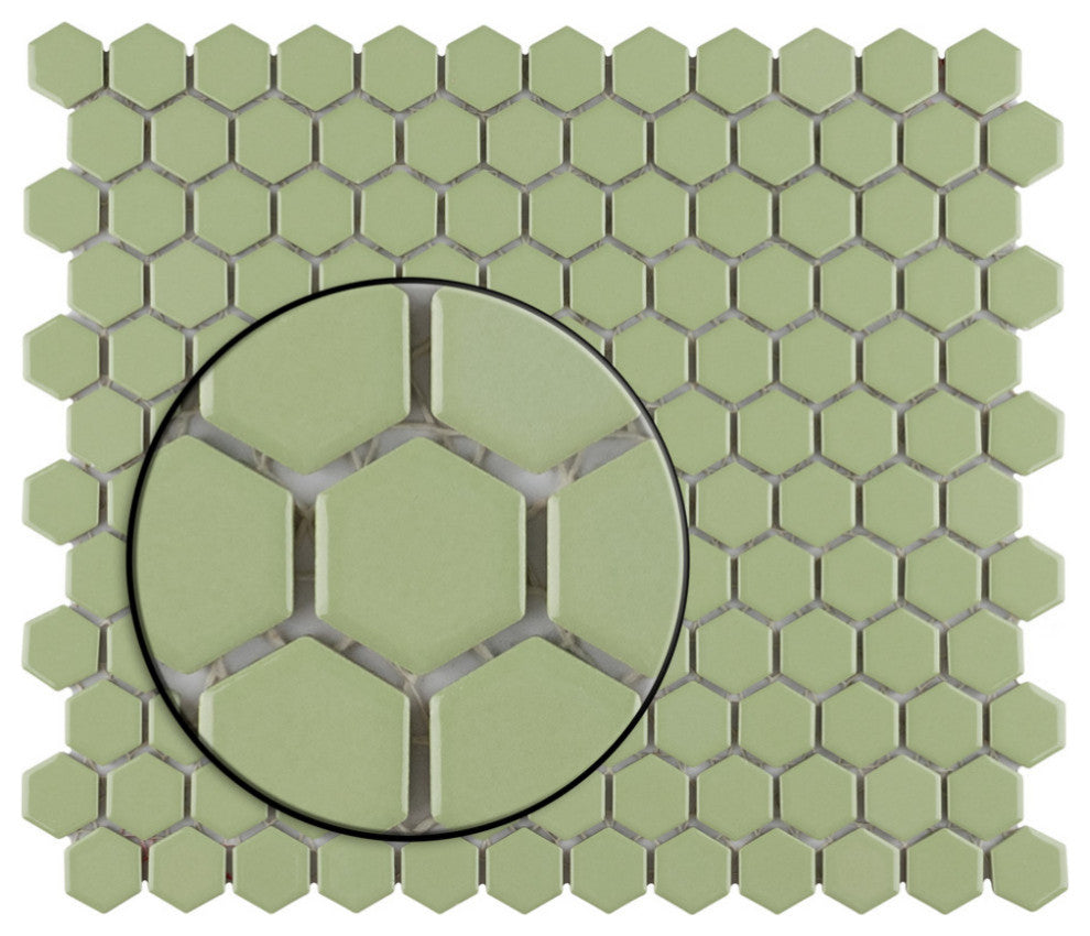 Metro 1" Hex Porcelain Mosaic Floor and Wall Tile, Glossy Olive