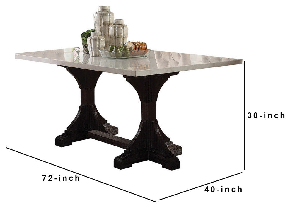 Benzara BM261793 Dining Table With Marble Top and Trestle Base, Off wh