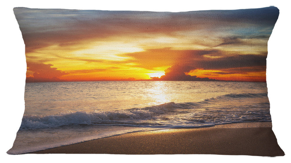 Yellow Sunset Over Gloomy Beach Modern Beach Throw Pillow, 12"x20"