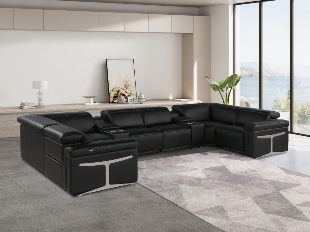 GIOVANNI 8-Piece 2-Power Reclining Italian Leather Sectional, Black