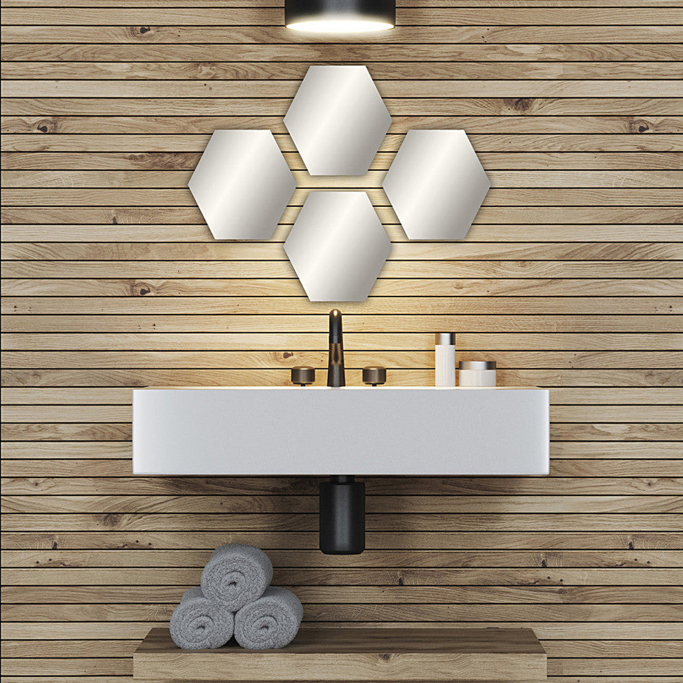 Small Decorative Wall Self Adhesive Shaped Mirrors, Set of 4, Hexagonal
