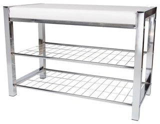 Danya B. Leatherette Entryway Bench with Two Metal Shoe Racks, White/Chrome