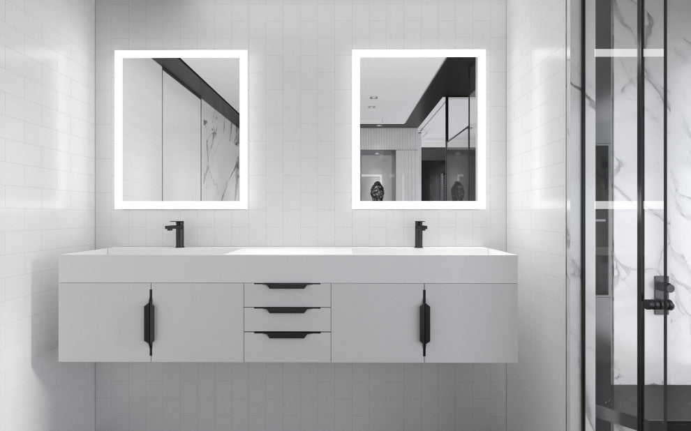 CastelloUSA Amazon 84" Wall Mounted Bathroom Vanity Set, White, White Top, Black Handles