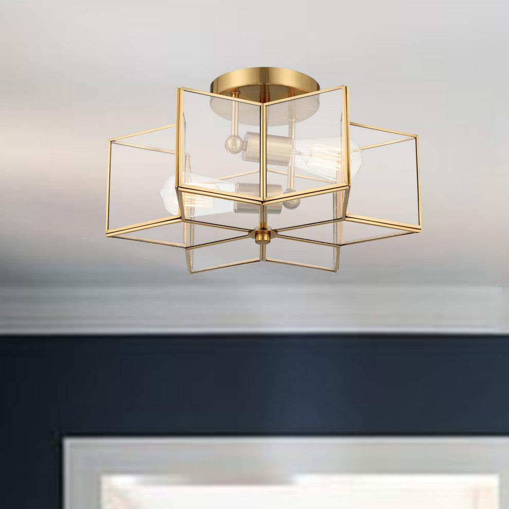 2 Light 16.14'' Unique/Statement Star Semi Flush Mount, Brass Dust