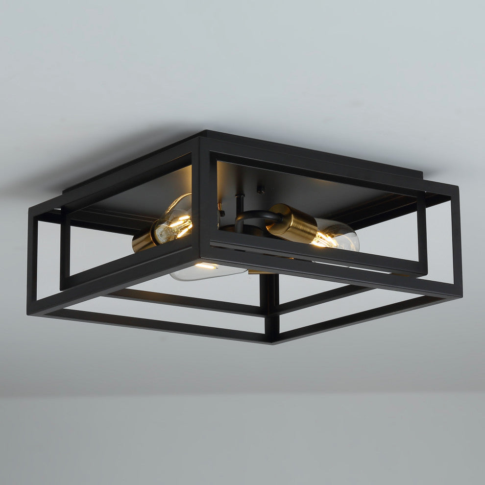 3-Light Farmhouse Caged Geometric Metal Frame Flush Mount Light