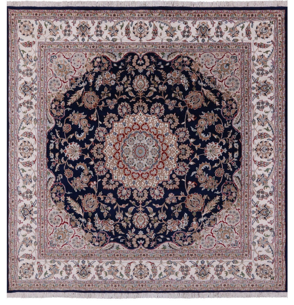 8' Square Persian Nain Handmade Wool and Silk Rug Q9321