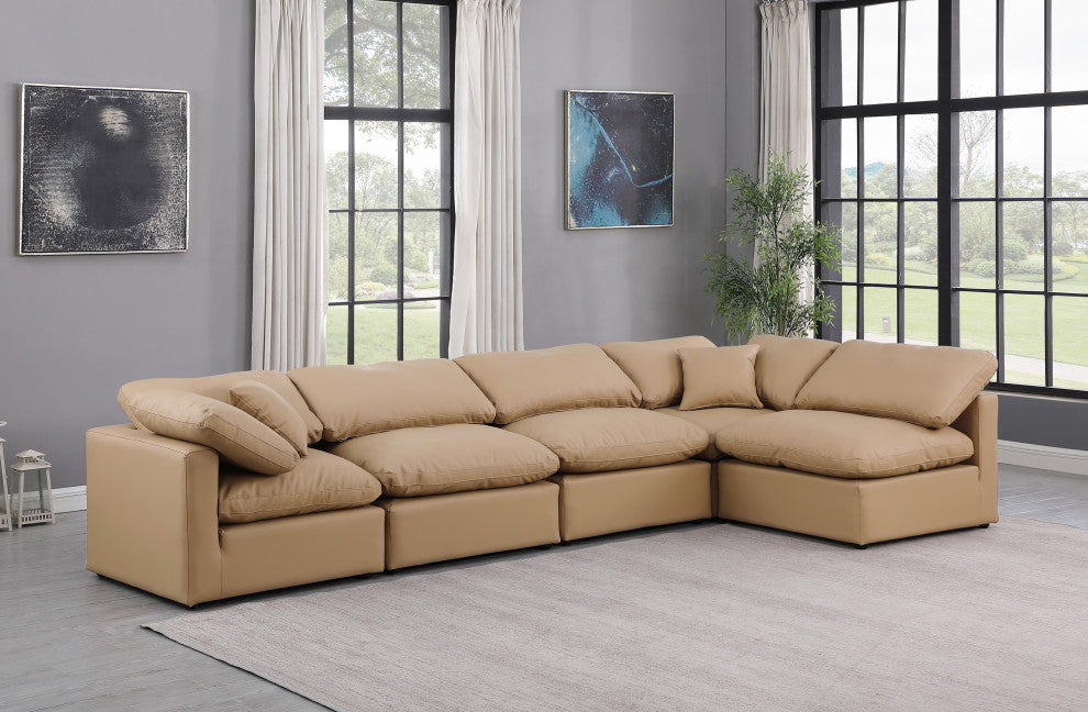 Indulge Upholstered Modular L-Shaped Sectional, Tan, 5-Piece: 3 Armless Chair, 2 Corner Chair, Fiber Stuffed Vegan Leather
