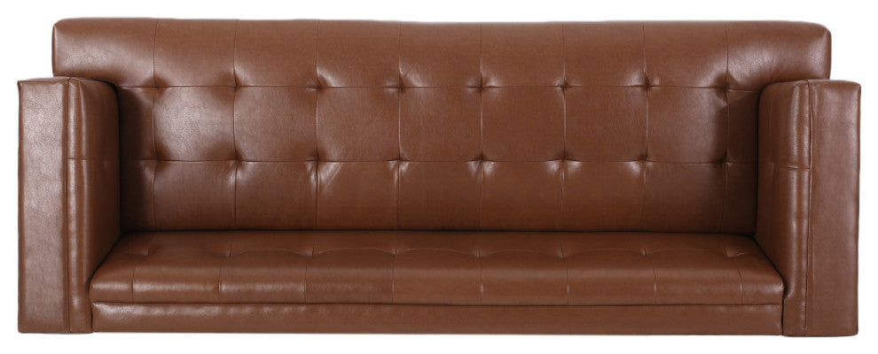 Stefan Mid Century Faux Leather Tufted 3 Seater Sofa, Cognac + Espresso