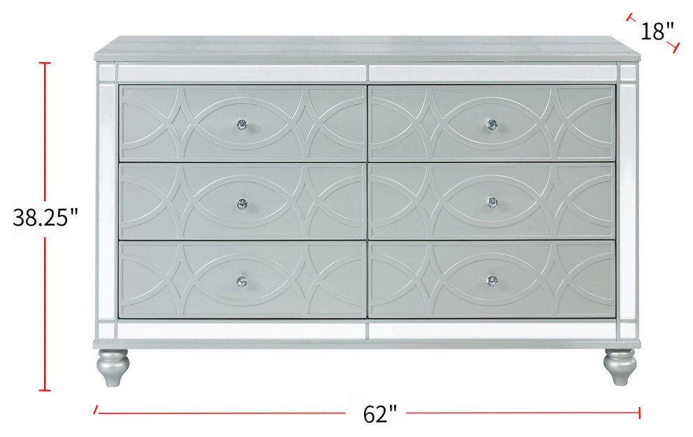 Glam 6 Drawers Dresser with Mirror Accent, Silver