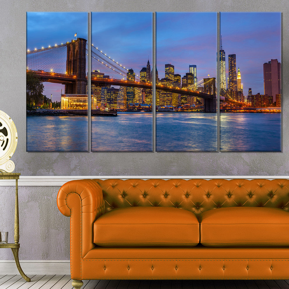 "Brooklyn Bridge With Lights and Reflections" Art, 48"x28", 4-Panels