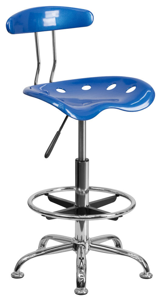 Vibrant Bright Blue and Chrome Drafting Stool With Tractor Seat