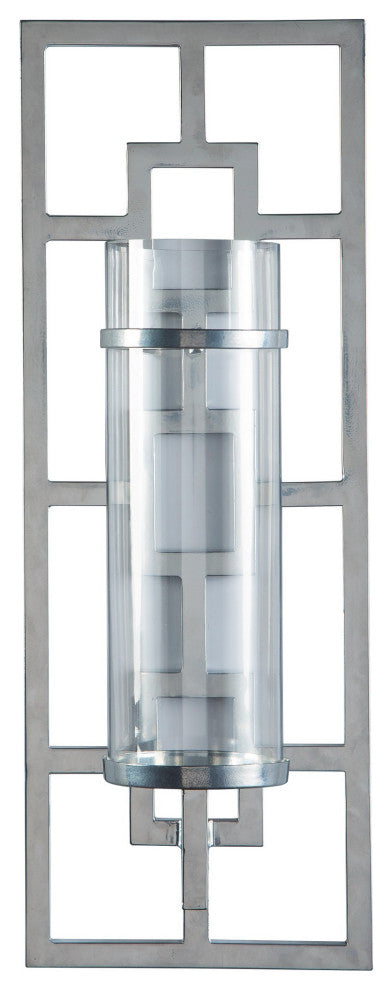 Benzara BM238385 22" Geometric Metal Wall Scone With Glass Hurricane, Silver