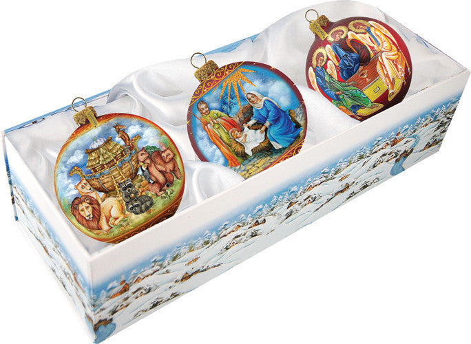 Hand Painted Scenic Glass Ornament Traditional Nativity, Set of 3
