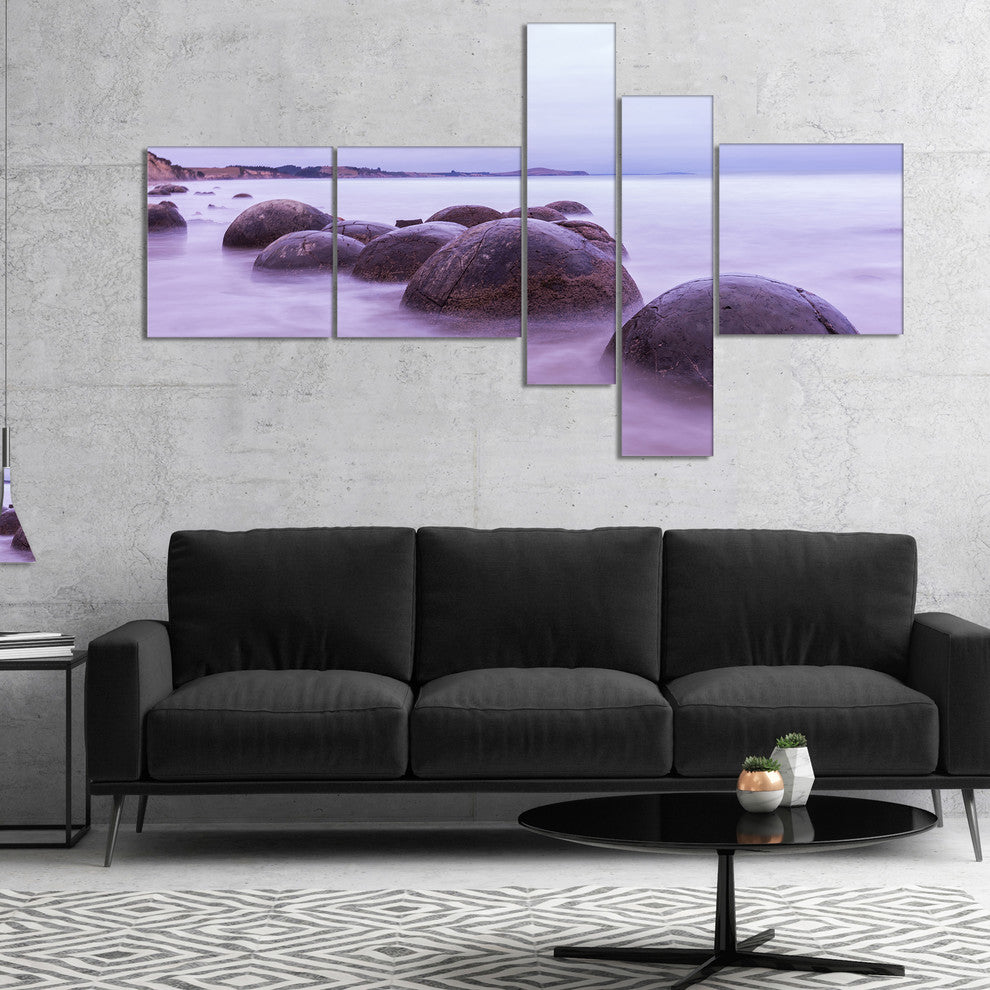 Moeraki Boulders New Zealand, Seashore Photo Canvas Art Print, 60"x32", 5 panels