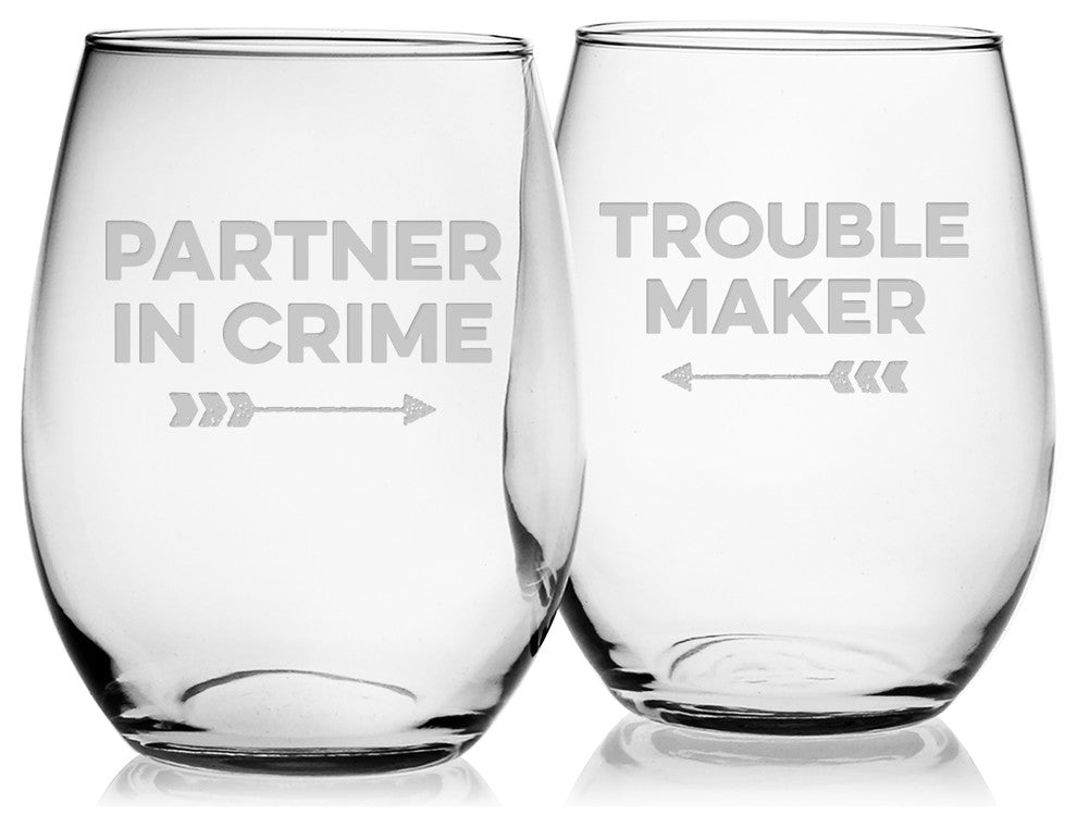 "Partner in Crime" and "Trouble Maker" 2-Piece Stemless Wine Glass Set