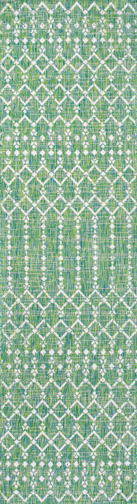 Ourika Moroccan Geometric Indoor/Outdoor Rug, Ivory/Green, 2x8