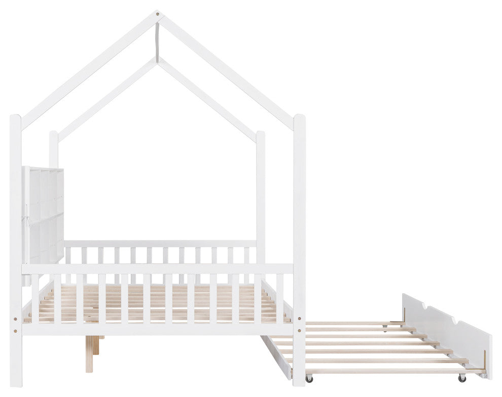 Gewnee Wood Full Size House Bed with Trundle for Kids in White